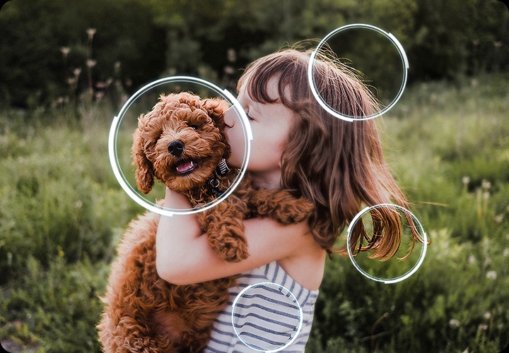 소녀가 강아지를 안고서 뽀뽀를 하고 있습니다. 강아지 얼굴과 소녀의 머리, 머리카락, 소녀의 겨드랑이 쪽에 동그라미 표시가 되어 있습니다.