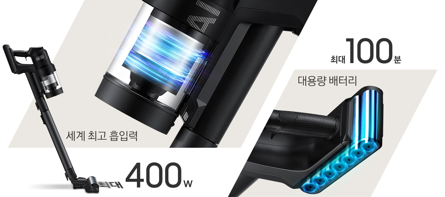 이미지 왼쪽 부분에는 400W 제품의 옆면 이미지가 보이고 있고 이미지 중간 부분에는 모터 부분을 확대한 이미지가 보이며, 세계 최고 흡입력, 최대 400W텍스트가 하단에 적혀 있습니다. 이미지 오른쪽 부분에는 대용랭 배터리 속 내부 이미지와 상단에 최대 100분 텍스트가 적혀 있습니다.
