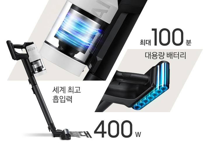 [이미지 왼쪽 부분에는 400W 제품의 옆면 이미지가 보이고 있고 이미지 중간 부분에는 모터 부분을 확대한 이미지가 보이며, 세계 최고 흡입력, 최대 400W텍스트가 하단에 적혀 있습니다. 이미지 오른쪽 부분에는 대용랭 배터리 속 내부 이미지와 상단에 최대 100분 텍스트가 적혀 있습니다.]