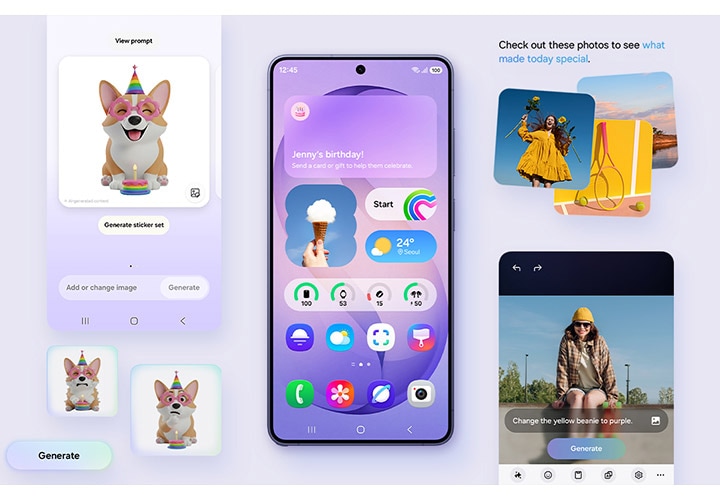 갤럭시 S26 울트라 메인 화면이 있습니다. 기기 양옆으로 사용자의 필요와 습관에 맞춰 더 개인화된 다양한 기능이 있습니다. 크리에이티브 스튜디오, 포토 어시스트 등이 포함되어 있습니다.