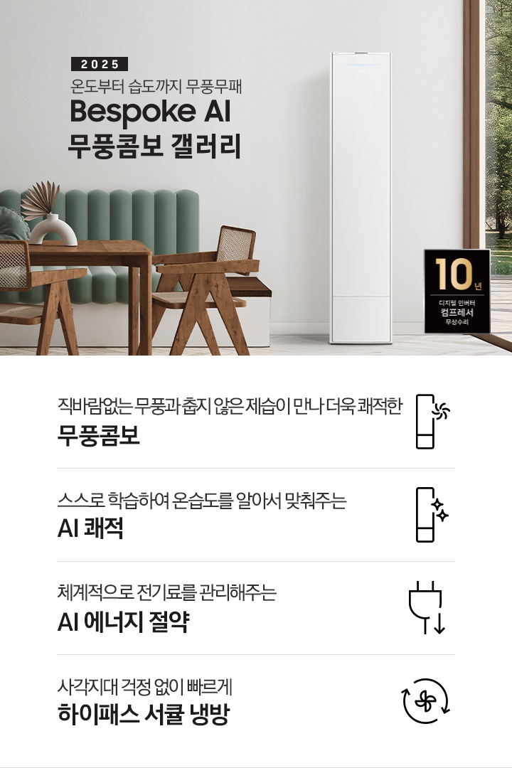 2025 BESPOKE AI 무풍콤보 갤러리 타이틍이 보여지며 좌측에 통창이 있는 거실 및 다이닝 공간에 가운데 우트톤의 6인용 식탁이  보여지며 촤측 통창 옆에 무풍콤보 갤러리 에어컨이 보여지고 각각 좌우 앞 에 동일한 우드톤의 식탁 의자가 있으며 정면 벽면에 초록색의 긴 쇼파 형식의 식탁 의자가 보여집니다. 좌측 통창 옆 벽면에 무풍콤보 갤러리 에어컨이 보여지며 좌측 하단에 10년 보증 디지털 인버터 컴프레서 무상수리 마크가 있으며 이미지 하단에 특장점 관련 아이콘과 설명이 보여지며 좌측 부터 직바람 없는 무풍과 춥지 않은 제습이 만나 더욱 쾌적한 무풍콤보 문구와 함께 갤러리 에어컨 아이콘에 바랆팬이 함께있는 아이콘이 보여지고, 상황에 맞게 체계적으로 전기룔르 관리해주는 AI 에너지 절약 문구과 함께 플로그에 아래로 향하는아이콘이 함께 보여집니다.