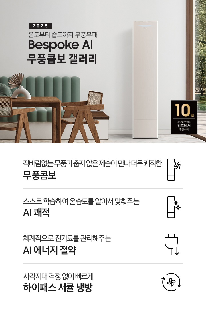 2025 BESPOKE AI 무풍콤보 갤러리 타이틍이 보여지며 좌측에 통창이 있는 거실 및 다이닝 공간에 가운데 우트톤의 6인용 식탁이  보여지며 촤측 통창 옆에 무풍콤보 갤러리 에어컨이 보여지고 각각 좌우 앞 에 동일한 우드톤의 식탁 의자가 있으며 정면 벽면에 초록색의 긴 쇼파 형식의 식탁 의자가 보여집니다. 좌측 통창 옆 벽면에 무풍콤보 갤러리 에어컨이 보여지며 좌측 하단에 10년 보증 디지털 인버터 컴프레서 무상수리 마크가 있으며 이미지 하단에 특장점 관련 아이콘과 설명이 보여지며 좌측 부터 직바람 없는 무풍과 춥지 않은 제습이 만나 더욱 쾌적한 무풍콤보 문구와 함께 갤러리 에어컨 아이콘에 바랆팬이 함께있는 아이콘이 보여지고, 상황에 맞게 체계적으로 전기룔르 관리해주는 AI 에너지 절약 문구과 함께 플로그에 아래로 향하는아이콘이 함께 보여집니다.
