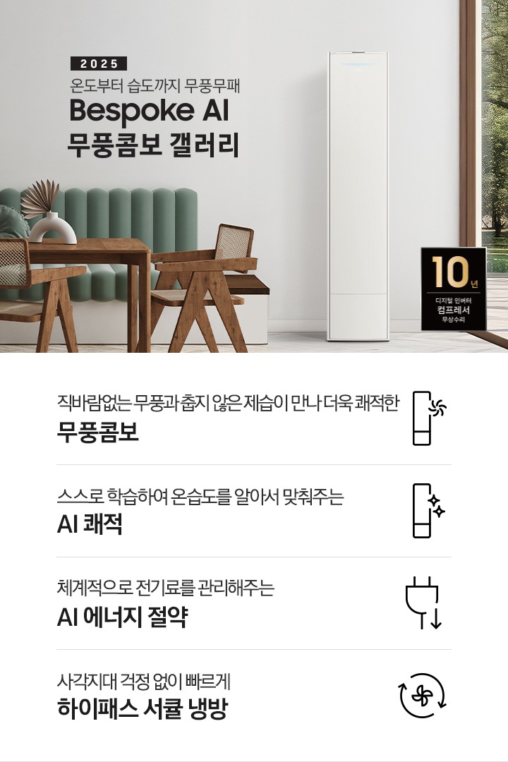2025 BESPOKE AI 무풍콤보 갤러리 타이틀이 보여지며 좌측에 통창이 있는 거실 및 다이닝 공간에 가운데 우트톤의 6인용 식탁이  보여지며 촤측 통창 옆에 무풍콤보 갤러리 에어컨이 보여지고 각각 좌우 앞 에 동일한 우드톤의 식탁 의자가 있으며 정면 벽면에 초록색의 긴 쇼파 형식의 식탁 의자가 보여집니다. 좌측 통창 옆 벽면에 무풍콤보 갤러리 에어컨이 보여지며 좌측 하단에 10년 보증 디지털 인버터 컴프레서 무상수리 마크가 있으며 이미지 하단에 특장점 관련 아이콘과 설명이 보여지며 좌측 부터 직바람 없는 무풍과 춥지 않은 제습이 만나 더욱 쾌적한 무풍콤보 문구와 함께 갤러리 에어컨 아이콘에 바랆팬이 함께있는 아이콘이 보여지고, 상황에 맞게 체계적으로 전기룔르 관리해주는 AI 에너지 절약 문구과 함께 플로그에 아래로 향하는아이콘이 함께 보여집니다.