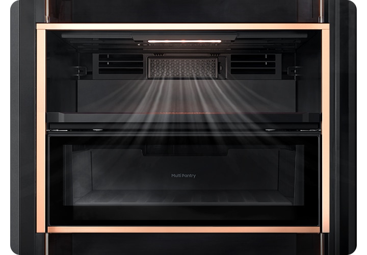 냉장고 내상 탈취기 부분이 확대되어 있고 공기가 탈취되어 나오는 것을 표현한 연출된 이미지입니다.