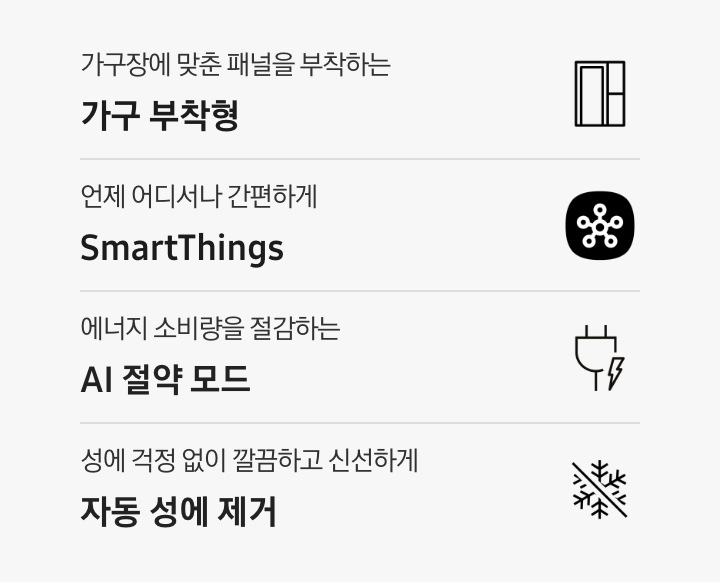 가구장에 맞춘 패널을 부착하는 가구 부착형 문구와 아이콘, 언제 어디서나 간편하게 SmartThings 문구와 아이콘, 에너지 소비량을 절감하는 AI 절약 모드 문구와 아이콘, 성에 걱정 없이 깔끔하고 신선하게 자동 성에 제거 문구와 아이콘