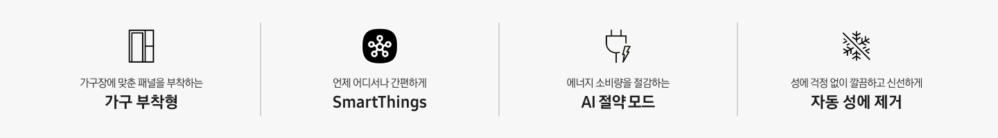 가구장에 맞춘 패널을 부착하는 가구 부착형 문구와 아이콘, 언제 어디서나 간편하게 SmartThings 문구와 아이콘, 에너지 소비량을 절감하는 AI 절약 모드 문구와 아이콘, 성에 걱정 없이 깔끔하고 신선하게 자동 성에 제거 문구와 아이콘
