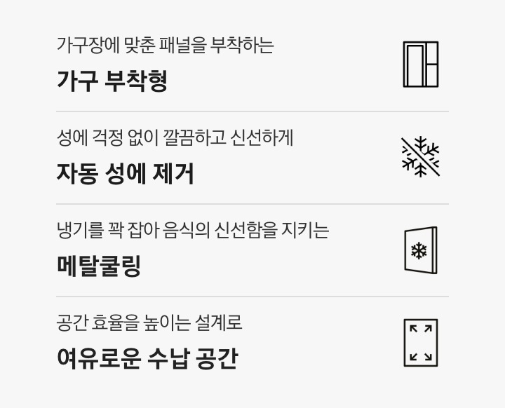 가구장에 맞춘 패널을 부착하는 가구 부착형 문구와 아이콘, 성에 걱정 없이 깔끔하고 신선하게 자동 성에 제거 문구와 아이콘, 냉기를 꽉 잡아 음식의 신선함을 지키는 메탈쿨링 문구와 아이콘, 공간 효율을 높이는 설계로 여유로운 수납 공간 문구와 아이콘