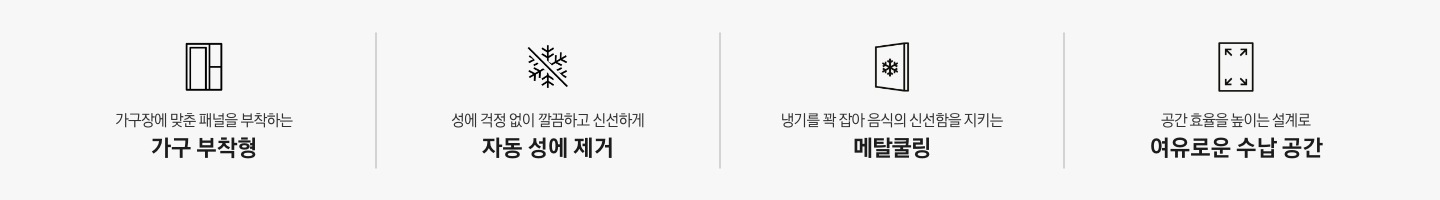 가구장에 맞춘 패널을 부착하는 가구 부착형 문구와 아이콘, 성에 걱정 없이 깔끔하고 신선하게 자동 성에 제거 문구와 아이콘, 냉기를 꽉 잡아 음식의 신선함을 지키는 메탈쿨링 문구와 아이콘, 공간 효율을 높이는 설계로 여유로운 수납 공간 문구와 아이콘