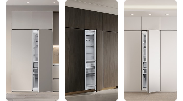 가구장에 빌트인 1도어가 설치되어 있고 문이 살짝 열려있는 연출된 이미지가 각각 3가지 인테리어컷으로 나와있습니다.