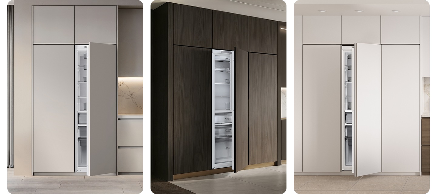 가구장에 빌트인 1도어가 설치되어 있고 문이 살짝 열려있는 연출된 이미지가 각각 3가지 인테리어컷으로 나와있습니다.