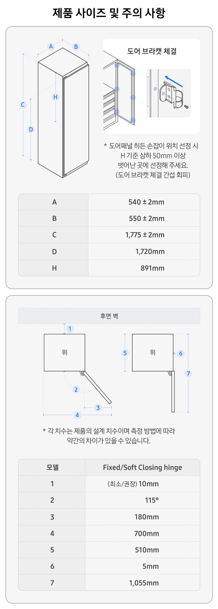 제품 사이즈 및 주의 사항. 1도어 빌트인 냉장고 좌측면 탑뷰가 일러스트 형태로 표현되어 있고 각 수치를 알파벳으로 표현한 상세사이즈 표가 일러스트 하단에 있습니다. 일러스트 좌측에는 도어가 열려있는 일러스트가 나와있고 '도어 브라켓 체결' 문구와 브라켓 체결하는 방법을 나타낸 상세 일러스트가 나와있습니다. * 도어패널 히든 손잡이 위치 선정 시 H 기준 상하 50mm 이상 벗어난 곳에 선정해 주세요. (도어 브라캣 체결 간섭 회피). A:냉장고 가로 사이즈. 540±2mm. B:냉장고 깊이. 550±2mm, C:냉장고 높이. 1,775±2mm, D:냉장고 도어 높이 1,720mm, H:891mm. 냉장고를 윗쪽에서 봤을 때 후면 벽과의 거리 등을 표현한 일러스트 입니다. 첫번째 일러스트는 도어 최대 오픈한 모습을 표현한 일러스트 입니다. 1:벽과의 간격 (최소/권장)10mm, 2:도어 최대 오픈 각도 115˚, 3:도어 오픈 시 힌지와 도어 사이 길이 180mm, 4:도어 최대 오픈 시 냉장고와 도어 사이 길이 700mm, 5: 냉장고 깊이 510mm, 6:도어 오픈 시 틈새 길이 5mm, 7: 도어 직각 오픈 시 냉장고부터 도어 사이의 길이 1,055mm. * 각 치수는 제품의 설계 치수이며 측정 방법에 따라 약간의 차이가 있을 수 있습니다.