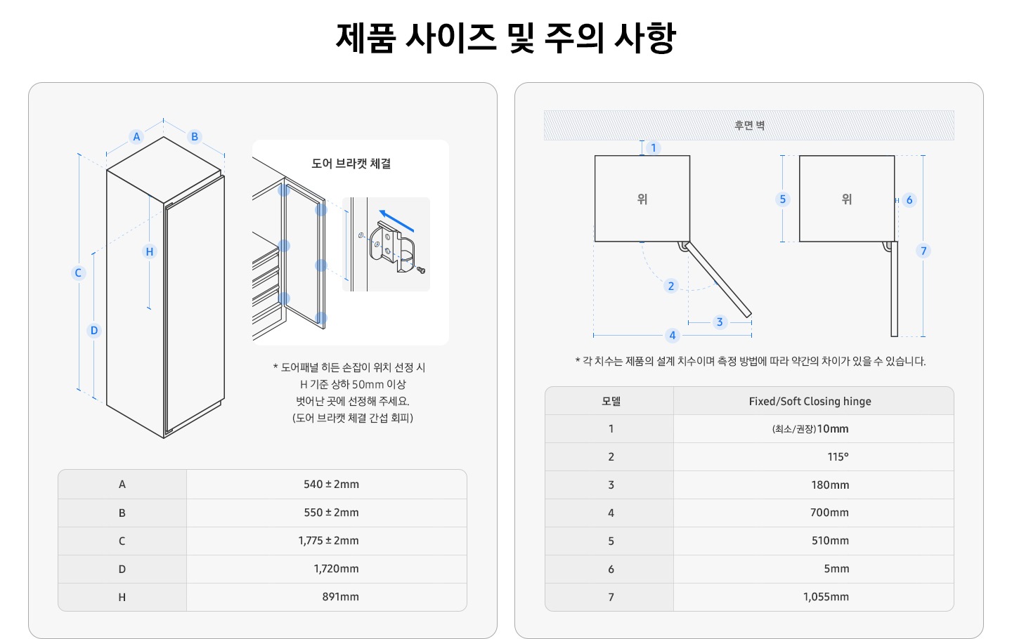 제품 사이즈 및 주의 사항. 1도어 빌트인 냉장고 좌측면 탑뷰가 일러스트 형태로 표현되어 있고 각 수치를 알파벳으로 표현한 상세사이즈 표가 일러스트 하단에 있습니다. 일러스트 좌측에는 도어가 열려있는 일러스트가 나와있고 '도어 브라켓 체결' 문구와 브라켓 체결하는 방법을 나타낸 상세 일러스트가 나와있습니다. * 도어패널 히든 손잡이 위치 선정 시 H 기준 상하 50mm 이상 벗어난 곳에 선정해 주세요. (도어 브라캣 체결 간섭 회피). A:냉장고 가로 사이즈. 540±2mm. B:냉장고 깊이. 550±2mm, C:냉장고 높이. 1,775±2mm, D:냉장고 도어 높이 1,720mm, H:891mm. 냉장고를 윗쪽에서 봤을 때 후면 벽과의 거리 등을 표현한 일러스트 입니다. 첫번째 일러스트는 도어 최대 오픈한 모습을 표현한 일러스트 입니다. 1:벽과의 간격 (최소/권장)10mm, 2:도어 최대 오픈 각도 115˚, 3:도어 오픈 시 힌지와 도어 사이 길이 180mm, 4:도어 최대 오픈 시 냉장고와 도어 사이 길이 700mm, 5: 냉장고 깊이 510mm, 6:도어 오픈 시 틈새 길이 5mm, 7: 도어 직각 오픈 시 냉장고부터 도어 사이의 길이 1,055mm. * 각 치수는 제품의 설계 치수이며 측정 방법에 따라 약간의 차이가 있을 수 있습니다.