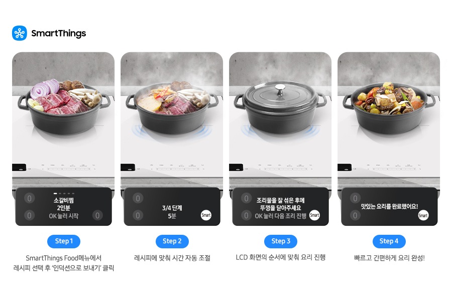 SmartThings Food를 사용하여 요리하는 방법을 4단계로 나누어 설명하고 있는 이미지입니다. 첫 번째로는 인덕션 위에 올려진 냄비 안에 날것 그대로의 음식 재료가 들어있고 소 갈비찜 2인분 OK 눌러 시작 텍스트가 적혀있는 LCD 알림창 이미지와 겹쳐 있고 이미지 하단에 Step 1 SmartThings Food메뉴에서 레시피 선택 후 ‘인덕션으로 보내기’ 클릭 텍스트가 적혀있습니다. 두 번째로는 인덕션 위에 올려진 냄비 안에 들어있는 음식 재료에서 약간 연기가 올라오고 있고 ¾단계 5분 적혀있는 LCD 알림창 이미지와 겹쳐 있고 이미지 하단에 Step 2 레시피에 맞춰 시간 자동 조절 텍스트가 적혀있습니다. 세 번째로는 인덕션 위에 뚜껑이 닫힌 냄비가 있고 조리물을 잘 섞은 후에 뚜껑을 닫아주세요 OK 눌러 다음 조리 진행 적혀있는 LCD 알림창 이미지와 겹쳐 있고 이미지 하단에 Step 3 LCD 화면의 순서에 맞춰 요리 진행 텍스트가 쓰여 있습니다. 마지막으로는 인덕션 위에 올려진 냄비 안에 음식이 완성되어 있고 맛있는 요리를 완료했어요! 적혀있는 LCD 알림창 이미지와 겹쳐 있고 이미지 하단에 Step 4 빠르고 간편하게 요리 완성! 텍스트가 적혀있습니다.