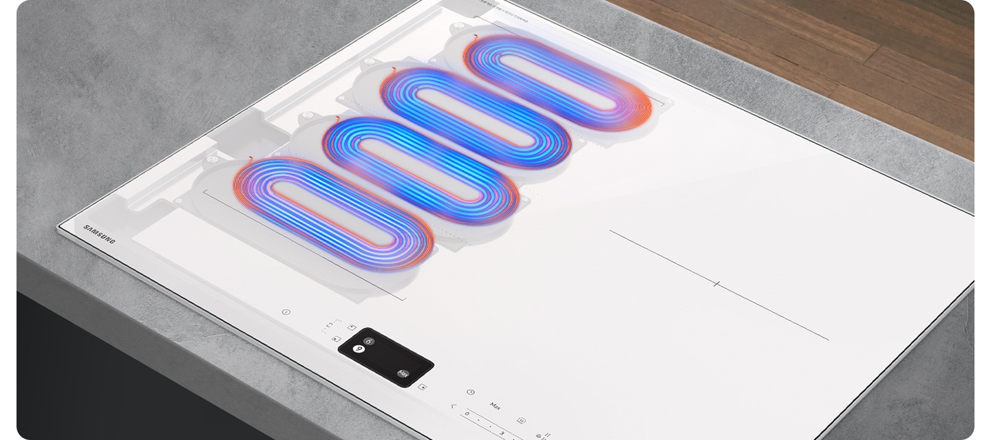 회색의 대리석 상판과 설치된 인덕션을 확대한 이미지를 배경으로 인덕션 왼쪽 부분에 플렉스존 부분에는 내부를 투영하여 4개의 코일이 어떻게 엮여 있는지 알려주고 있습니다.