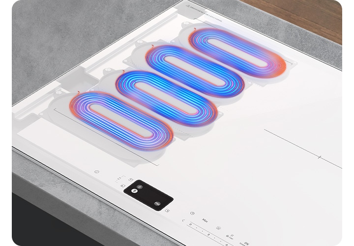 회색의 대리석 상판과 설치된 인덕션을 확대한 이미지를 배경으로 인덕션 왼쪽 부분에 플렉스존 부분에는 내부를 투영하여 4개의 코일이 어떻게 엮여 있는지 알려주고 있습니다.