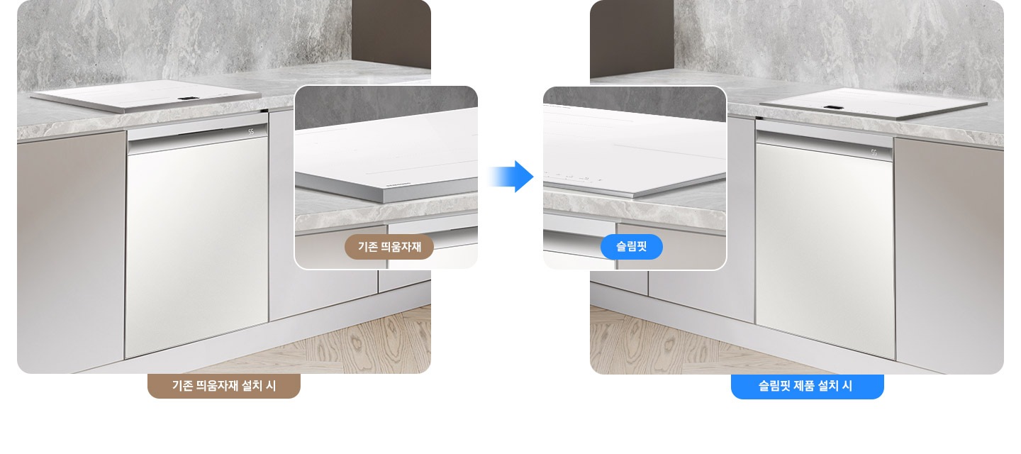 회색 대리석 상판에 베이지색 패널 주방이 똑같은 모습으로 좌, 우로 배치되어 있습니다. 왼쪽에는 기존 띄움 자재 설치 시 하는 안내 문구와 함께 띄움 자재가 부착된 상태로 식기세척기와 직렬로 설치된 인덕션이 있습니다. 오른쪽에는 슬림 핏 제품 설치 시라는 문구와 함께 띄움 자재 없이 식기세척기와 바로 직렬 설치되어 있는 인덕션이 있습니다.