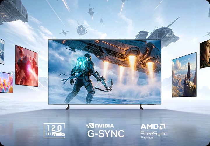 가상 공간 안에 여러 대의 TV가 있으며, TV 화면에는 게임의 한 장면들이 보여지고 있습니다.