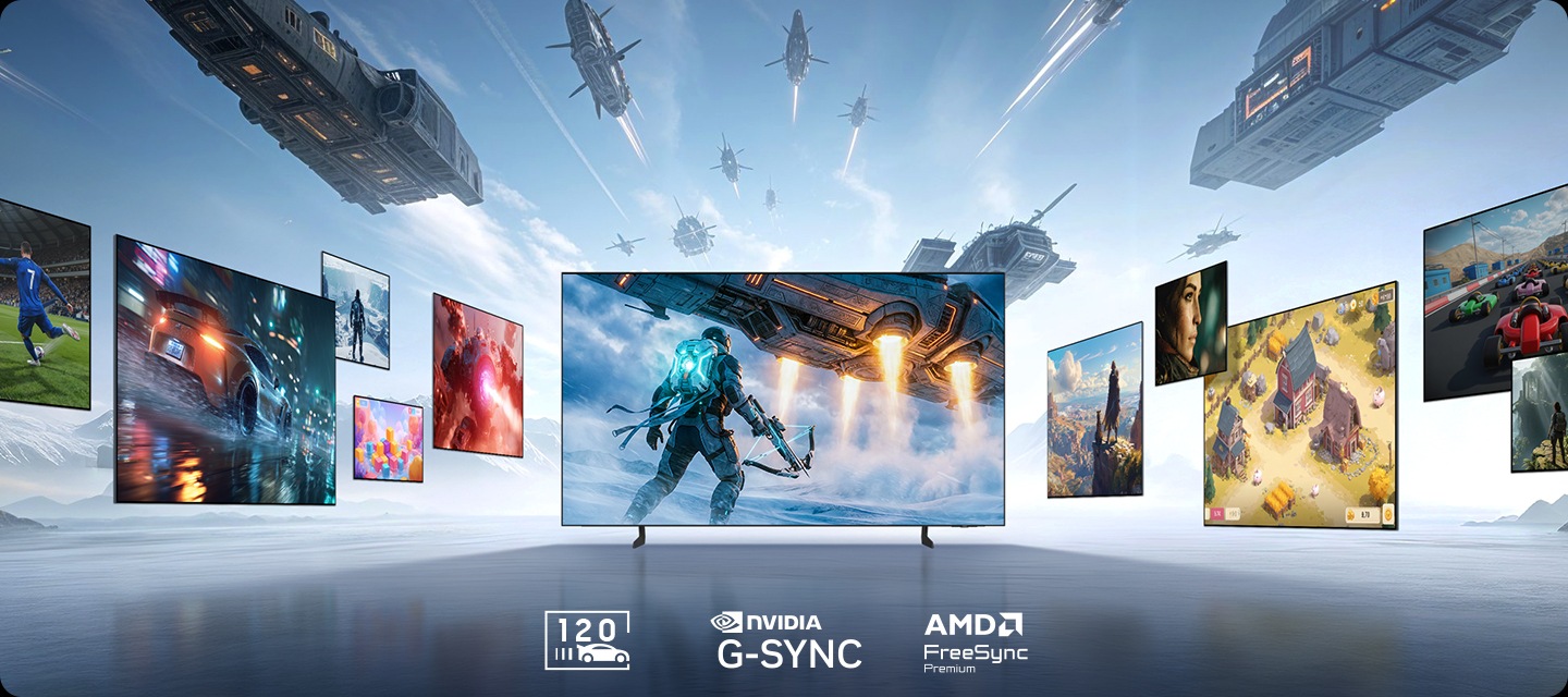 가상 공간 안에 여러 대의 TV가 있으며, TV 화면에는 게임의 한 장면들이 보여지고 있습니다.