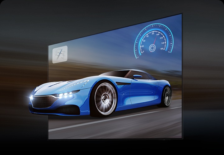 파란색 자동차가 TV 화면을 통과하는 듯한 모습이 보입니다.