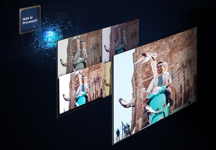 AI 4K 프로세서 칩 앞으로 스쿠터를 탄 남성의 이미지가 있습니다. 