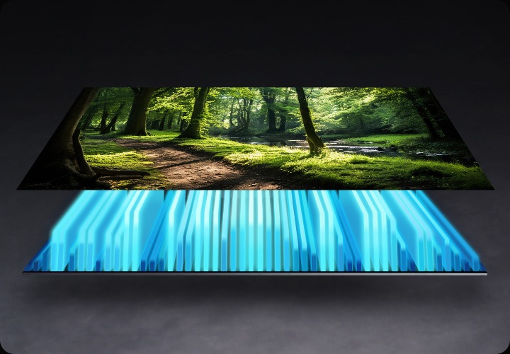 TV가 위아래로 분리가 되어 있으며, 화면 속에는 초록색 숲속 모습이 보입니다.