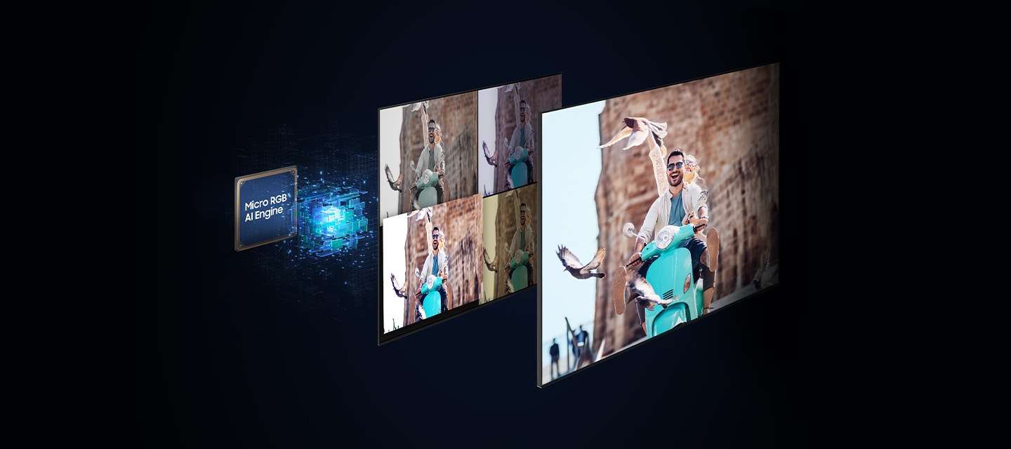 Micro RGB AI 엔진 프로세서 칩 앞으로 스쿠터를 탄 남성의 이미지가 있습니다. 