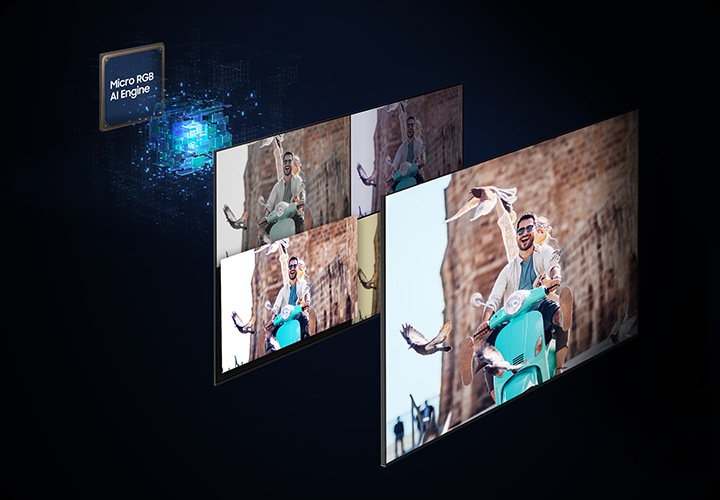 Micro RGB AI 엔진 프로세서 칩 앞으로 스쿠터를 탄 남성의 이미지가 있습니다. 