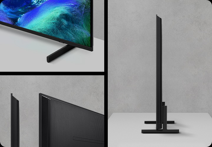 왼쪽에는 TV의 모서리 부분이 보여지고 있으며, 오른쪽에는 TV의 우측면이 보여지고 있습니다.