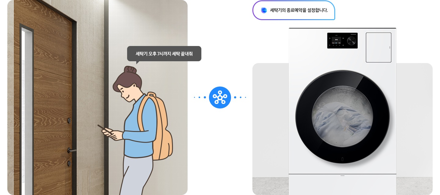 세탁기와 건조기 두 대를 설치할 필요 없이, Bespoke AI 콤보 한 대만 설치하여 공간을 절약할 수 있습니다. 외출/취침 전 AI 콤보에 맡겨놓으면 코스 완료 후 보송한 세탁물을 개기만 하면 되니까 삶의 질이 달라집니다. 문구 하단에는 이미지가 연출되어 있습니다. 일러스트로 그려진 여성이 문 앞에서 휴대폰을 보며 '세탁기 오후 7시까지 세탁 끝내줘' 라고 말하는 연출 이미지 입니다. 스마트싱스 로고가 있고 세탁기에서 '세탁기의 종료예약을 설정합니다.' 라는 음성 안내가 나오는 연출 이미지 입니다.