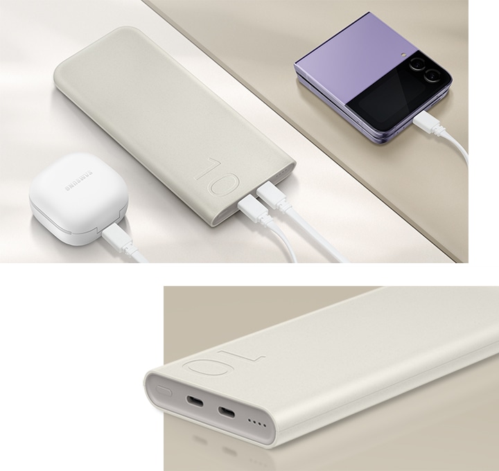 갤럭시 버즈2 프로와 갤럭시 Z 플립4가 각각 USB-C 케이블로 배터리팩에 연결되어 동시에 충전됩니다. 클로즈업된 배터리팩에는 듀얼 포트 구성과 전원 확인 버튼이 있습니다.