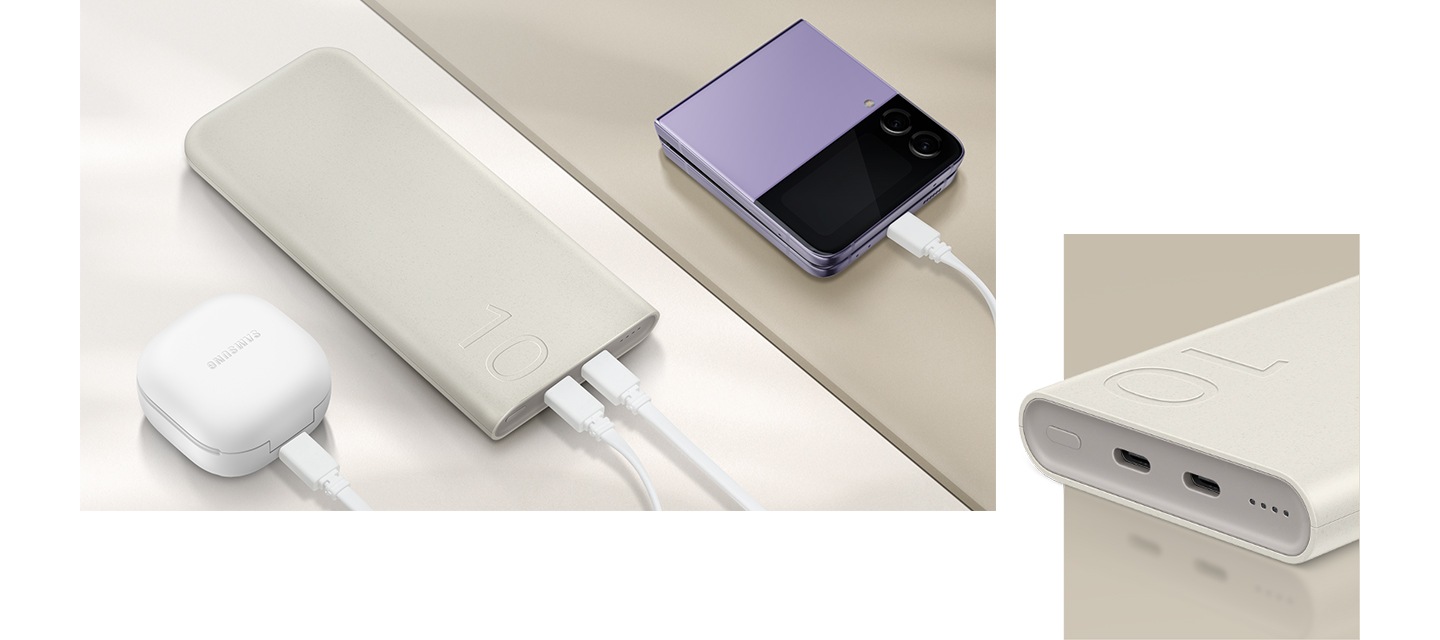 갤럭시 버즈2 프로와 갤럭시 Z 플립4가 각각 USB-C 케이블로 배터리팩에 연결되어 동시에 충전됩니다. 클로즈업된 배터리팩에는 듀얼 포트 구성과 전원 확인 버튼이 있습니다.
