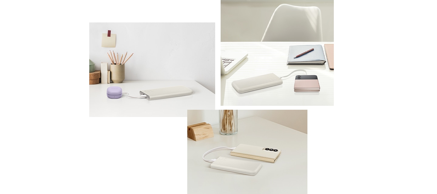 갤럭시 버즈2 프로는 USB-C 타입 케이블로 배터리팩에 연결되어 책상 위 연필꽂이 옆에서 충전 중입니다. 갤럭시 Z 플립4는 USB-C 타입 케이블로 배터리팩에 연결되어 책상 위 서류철과 펜 옆에서 충전 중입니다. 갤럭시 Z 폴드4는 USB-C 타입 케이블로 배터리팩에 연결되어 탁자 위에서 충전 중입니다.