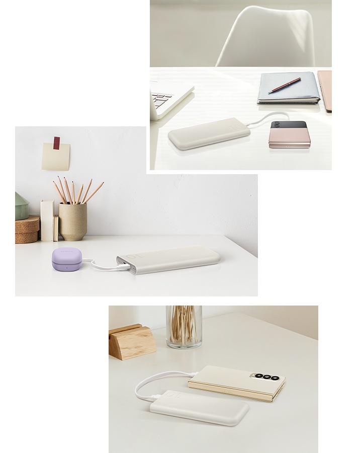 갤럭시 버즈2 프로는 USB-C 타입 케이블로 배터리팩에 연결되어 책상 위 연필꽂이 옆에서 충전 중입니다. 갤럭시 Z 플립4는 USB-C 타입 케이블로 배터리팩에 연결되어 책상 위 서류철과 펜 옆에서 충전 중입니다. 갤럭시 Z 폴드4는 USB-C 타입 케이블로 배터리팩에 연결되어 탁자 위에서 충전 중입니다.