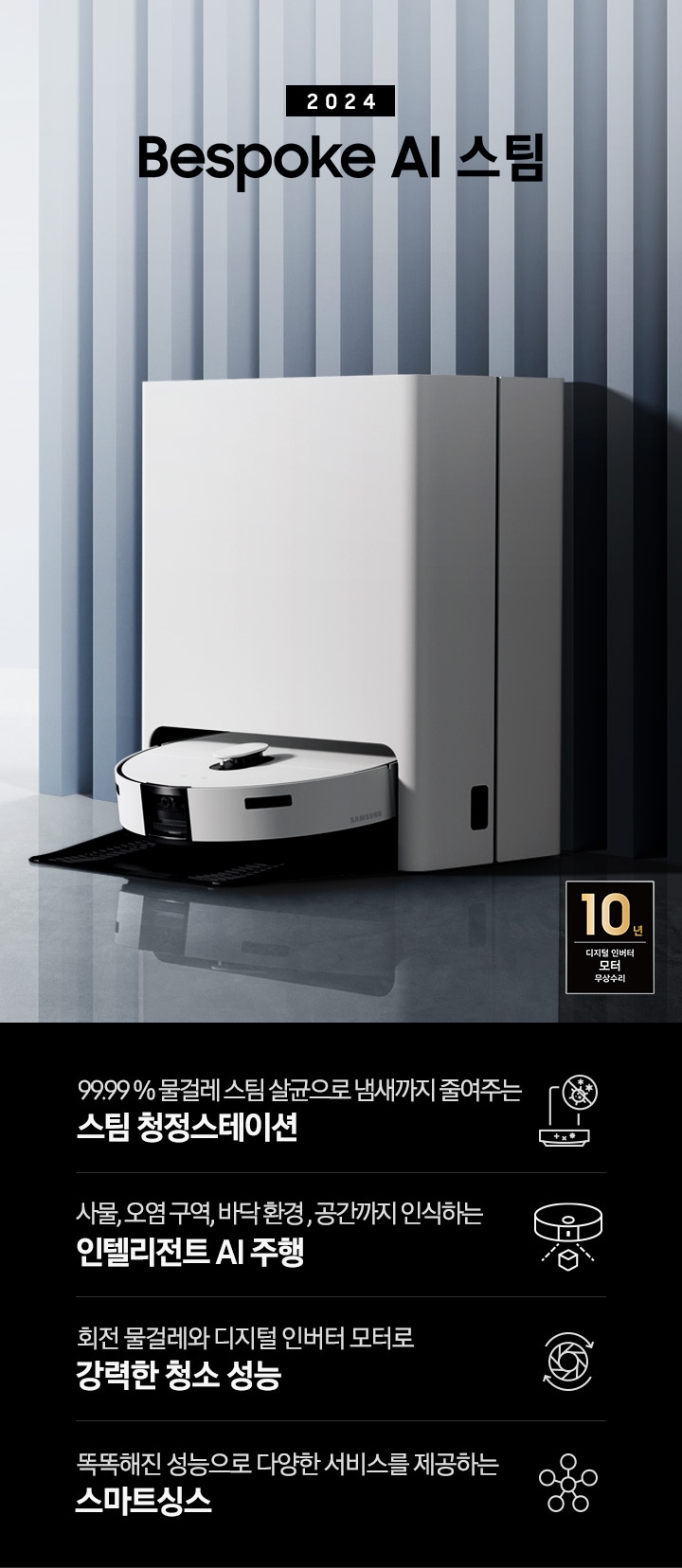 중앙 좌측에 2024 Bespoke AI 스팀 문구가 나와있는 연출 인테리어컷 입니다. 이미지우측 푸른색 템바보드 벽 앞에 Bespoke AI 스팀 제품이 설치되어 있습니다. 인테리어컷 하단에는 4POD가 나와있습니다. 좌측부터 99.99% 물걸레 스팀 살균으로 냄새까지 줄여주는 스팀 청정스테이션 문구와 스팀 아이콘+세균 금지 아이콘, 바닥 환경을 인식하고 장애물도 회피하는 정확도 높은 주행 문구와 스팀이 사물을 인식하는 아이콘, 회전물걸레와 디지털 인버터 모터로 강력한 청소 성능 문구와 모터가 회전하는 아이콘, 똑똑해진 성능에 다양한 서비스를 제공하는 스마트싱스 문구와 스마트싱스 아이콘이 나와있습니다. 이미지 모서리 부분에는 디지털 인버터 모터 10년보증로고가 반영되어 있습니다.