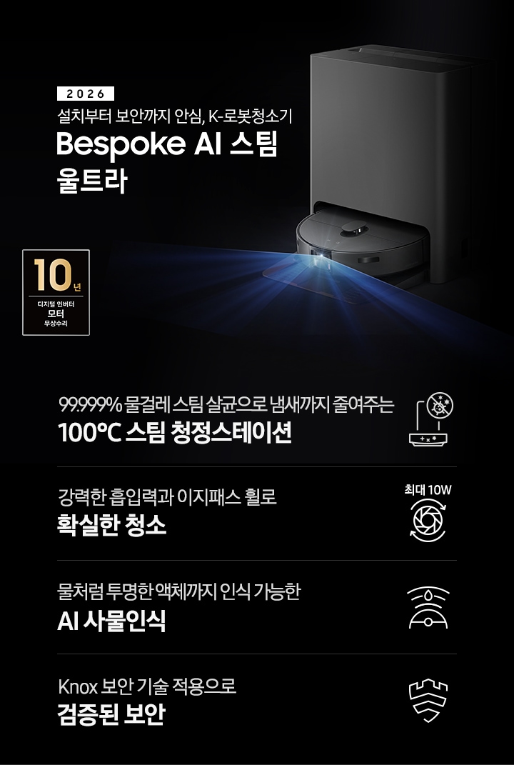 검은색 배경에 이미지 오른쪽 부분에는 Bespoke AI 스팀 울트라가 왼쪽으로 40도 정도 돌아간 정면 이미지가 보이고 스팀 센서 부분에서 빛줄기가 퍼져 나오고 있습니다. 스팀 왼쪽 부분에는 2025 Bespoke AI 스팀 울트라 텍스트가 적혀 있고 텍스트 왼쪽 하단 부분에 평생 보증 디지털 인버터 모터 무상수리 DIGTAL INVERTER 로고와 평생보증 먼지흡입 모터 무상수리 로고가 나열되어 있습니다. 이미지 하단 부분에는 4가지의 특장점이 아이콘으로 설명되어 있으며, 첫 번째로 스팀 청정스테이션 정면 아이콘과 상단 부분 동그라미 내분에 세균에 줄이 그어져 있는 아이콘이 겹쳐져 보이고 아이콘 하단에 99.999% 물걸레 스팀 살균으로 냄새까지 줄여주는 100°C&nbsp; 스팀 청정스테이션 텍스트가 보입니다. 두 번째로는 높이가 다른 직선으로 높이를 나타내고 Bespoke AI 스팀 울트라의 옆모습 아이콘이 보이고 있고 아이콘 하단에는 45mm 가 쓰여 있으며, 하단 부분에는 높은 문턱과 매트도 쉽게 넘나드는 이지패스 휠 텍스트가 보입니다. 세 번째로는 Bespoke AI 스팀 울트라를 상단에서 내려본 아이콘과 스팀 앞부분에서 선이 부채꼴 모양으로 커지며, 물방울이 선 중간 부분에 겹쳐져 보이는 아이콘과 하단에 물처럼 투명한 액체까지 인식 가능한 AI 사물인식 텍스트가 보입니다. 마지막으로는 Knox 보안 아이콘과 하단에 Knox 보안 기술 적용으로 검증된 보안 텍스트가 보입니다. 이미지 모서리 부분에는 디지털 인버터 모터 10년보증로고가 반영되어 있습니다.