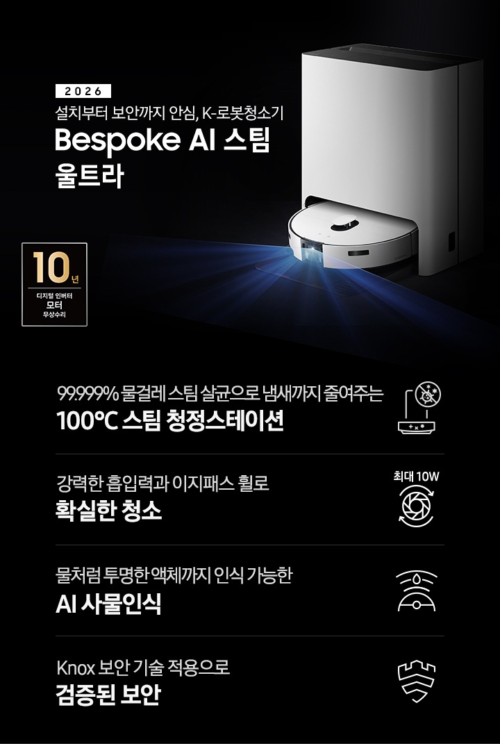 검은색 배경에 이미지 오른쪽 부분에는 Bespoke AI 스팀 울트라가 왼쪽으로 40도 정도 돌아간 정면 이미지가 보이고 스팀 센서 부분에서 빛줄기가 퍼져 나오고 있습니다. 스팀 왼쪽 부분에는 2025 Bespoke AI 스팀 울트라 텍스트가 적혀 있고 텍스트 왼쪽 하단 부분에 평생 보증 디지털 인버터 모터 무상수리 DIGTAL INVERTER 로고와 평생보증 먼지흡입 모터 무상수리 로고가 나열되어 있습니다. 이미지 하단 부분에는 4가지의 특장점이 아이콘으로 설명되어 있으며, 첫 번째로 스팀 청정스테이션 정면 아이콘과 상단 부분 동그라미 내분에 세균에 줄이 그어져 있는 아이콘이 겹쳐져 보이고 아이콘 하단에 99.999% 물걸레 스팀 살균으로 냄새까지 줄여주는 100°C&nbsp; 스팀 청정스테이션 텍스트가 보입니다. 두 번째로는 높이가 다른 직선으로 높이를 나타내고 Bespoke AI 스팀 울트라의 옆모습 아이콘이 보이고 있고 아이콘 하단에는 45mm 가 쓰여 있으며, 하단 부분에는 높은 문턱과 매트도 쉽게 넘나드는 이지패스 휠 텍스트가 보입니다. 세 번째로는 Bespoke AI 스팀 울트라를 상단에서 내려본 아이콘과 스팀 앞부분에서 선이 부채꼴 모양으로 커지며, 물방울이 선 중간 부분에 겹쳐져 보이는 아이콘과 하단에 물처럼 투명한 액체까지 인식 가능한 AI 사물인식 텍스트가 보입니다. 마지막으로는 Knox 보안 아이콘과 하단에 Knox 보안 기술 적용으로 검증된 보안 텍스트가 보입니다. 이미지 모서리 부분에는 디지털 인버터 모터 10년보증로고가 반영되어 있습니다.
