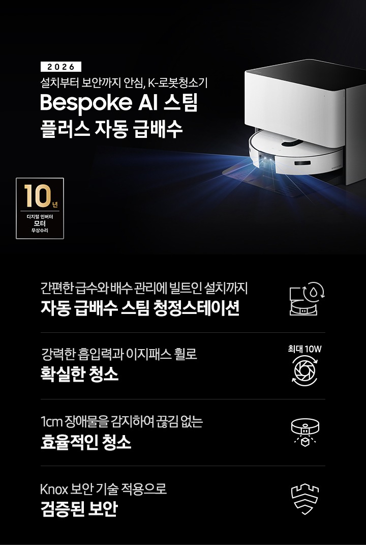 검은색 배경에 이미지 오른쪽 부분에는 Bespoke AI 스팀 플러스 자동 급배수가 왼쪽으로 40도 정도 돌아간 정면 이미지가 놓여있고 스팀 센서 부분에서 빛줄기가 퍼져 나오고 있습니다. 스팀 왼쪽 부분에는 2025 Bespoke AI 스팀 플러스 자동 급배수 텍스트가 적혀 있습니다. 이미지 하단 부분에는 4가지의 특장점이 아이콘으로 설명되어 있으며, 첫 번째로 자동 급배수 스팀 청정스테이션 정면 아이콘과 상단에 동그랗게 돌아가는 화살표와 그 중간에 물방울 아이콘이 겹쳐져 있고 아이콘 하단에 간편한 급수와 배수 관리에 빌트인 설치까지 자동 급배수 스팀 천정스테이션 텍스트가 쓰여 있습니다. 두 번째로는 모터 아이콘 상단에 최대 10W가 쓰여 있으며, 하단 부분에는 강력한 흡입력과 이지패스 휠로 확실한 청소 텍스트가 쓰여 있습니다. 세 번째로는 Bespoke AI 스팀 플러스를 정면 상단에서 내려본 아이콘과 스팀 앞부분에서 점선이 부채꼴 모양으로 커지며, 작은 정육면체 아이콘이 점선 사이에 놓여 있고 하단에 1cm 장애물을 감지하여 끊김 없는 효율적인 청소 텍스트가 보입니다. 마지막으로는 Knox 보안 아이콘과 하단에 Knox 보안 기술 적용으로 검증된 보안 텍스트가 쓰여 있습니다. 이미지 모서리 부분에는 디지털 인버터 모터 10년보증로고가 반영되어 있습니다.