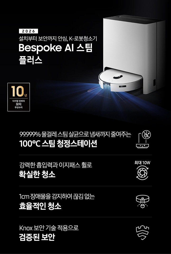 검은색 배경에 이미지 오른쪽 부분에는 Bespoke AI 스팀 플러스가 왼쪽으로 40도 정도 돌아간 정면 이미지가 보이고 스팀 센서 부분에서 빛줄기가 퍼져 나오고 있습니다. 스팀 왼쪽 부분에는 2025 Bespoke AI 스팀 플러스 텍스트가 적혀 있습니다. 이미지 하단 부분에는 4가지의 특장점이 아이콘으로 설명되어 있으며, 첫 번째로 스팀 청정스테이션 정면 아이콘과 상단 부분 동그라미 내분에 세균에 줄이 그어져 있는 아이콘이 겹쳐져 보이고 아이콘 하단에 99.999% 물걸레 스팀 살균으로 냄새까지 줄여주는 100°C&nbsp;스팀 청정스테이션 텍스트가 쓰여 있습니다. 두 번째로는 모터 아이콘과 상단 부분에 최대 10W 텍스트가 쓰여 있으며, 하단 부분에는 강력한 흡입력과 이지패스 휠로 확실한 청소 텍스트가 쓰여 있습니다. 세 번째로는 Bespoke AI 스팀 플러스를 정면 상단에서 내려본 아이콘과 스팀 앞부분에서 점선이 부채꼴 모양으로 커지며, 작은 정육면체를 감지하는 모습을 표현하고 있습니다. 아이콘 하단 부분에는 1cm 장애물을 감지하여 끊김 없는 효율적인 청소 텍스트가 쓰여 있습니다. 마지막으로는 Knox 보안 아이콘과 하단에 Knox 보안 기술 적용으로 검증된 보안 텍스트가 쓰여 있습니다.  이미지 모서리 부분에는 디지털 인버터 모터 10년보증로고가 반영되어 있습니다.