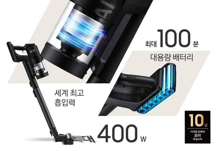 이미지 왼쪽 부분에는 400W 제품의 옆면 이미지가 보이고 있고 이미지 중간 부분에는 모터 부분을 확대한 이미지가 보이며, 세계 최고 흡입력, 최대 400W텍스트가 하단에 적혀 있습니다. 이미지 오른쪽 부분에는 대용랭 배터리 속 내부 이미지와 상단에 최대 100분 텍스트가 적혀 있습니다. 이미지 모서리 부분에는 디지털 인버터 모터 10년보증로고가 반영되어 있습니다.