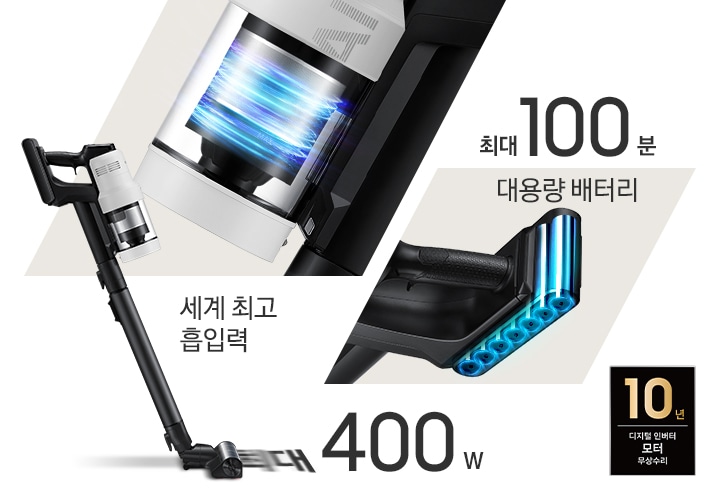 이미지 왼쪽 부분에는 400W 제품의 옆면 이미지가 보이고 있고 이미지 중간 부분에는 모터 부분을 확대한 이미지가 보이며, 세계 최고 흡입력, 최대 400W텍스트가 하단에 적혀 있습니다. 이미지 오른쪽 부분에는 대용랭 배터리 속 내부 이미지와 상단에 최대 100분 텍스트가 적혀 있습니다. 이미지 모서리 부분에는 디지털 인버터 모터 10년보증로고가 반영되어 있습니다.