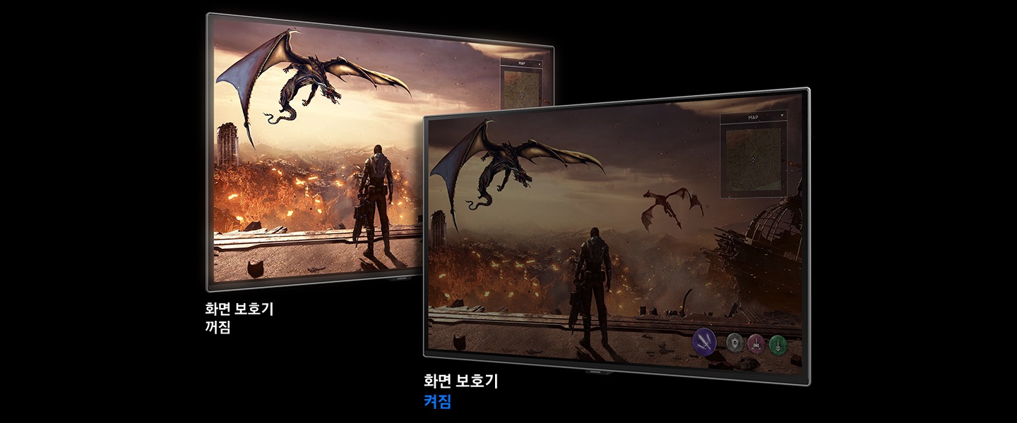 모니터 두 대가 살짝 겹쳐져 놓여 있으며 왼쪽 모니터는 화면 보호기가 꺼진 모습 오른쪽은 켜진 모습을 나타냅니다.
