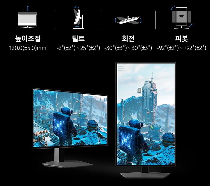 정면 모니터와 세로 피봇 형태의 모니터 두 개가 놓여있고 위엔 아이콘으로 높이조절, 틸트, 회전, 피봇 기능이 있음을 보여줍니다.