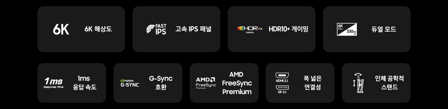 G80SH 오디세이 모니터의 특징을 보여줍니다 6K resolution, 고속 IPS 패널, HDR10+ 게이밍, 6K 165Hz, 330Hz 3K 듀얼모드, 1ms 응답속도, 지싱크 호환, AMD freesync premium,, 폭 넓은 연결성, 인체공학적 스탠드.