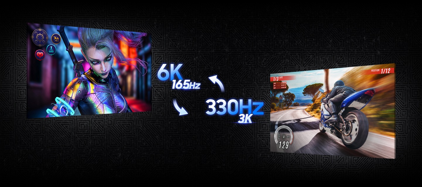 두 개의 화면으로 나누어 6K 165Hz, 330Hz 3K 듀얼모드를 나타냅니다.