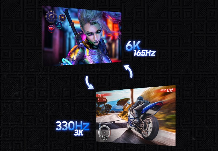 두 개의 화면으로 나누어 6K 165Hz, 330Hz 3K 듀얼모드를 나타냅니다.