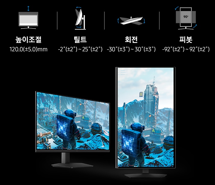정면 모니터와 세로 피봇 형태의 모니터 두 개가 놓여있고 위엔 아이콘으로 높이조절, 틸트, 회전, 피봇 기능이 있음을 보여줍니다.