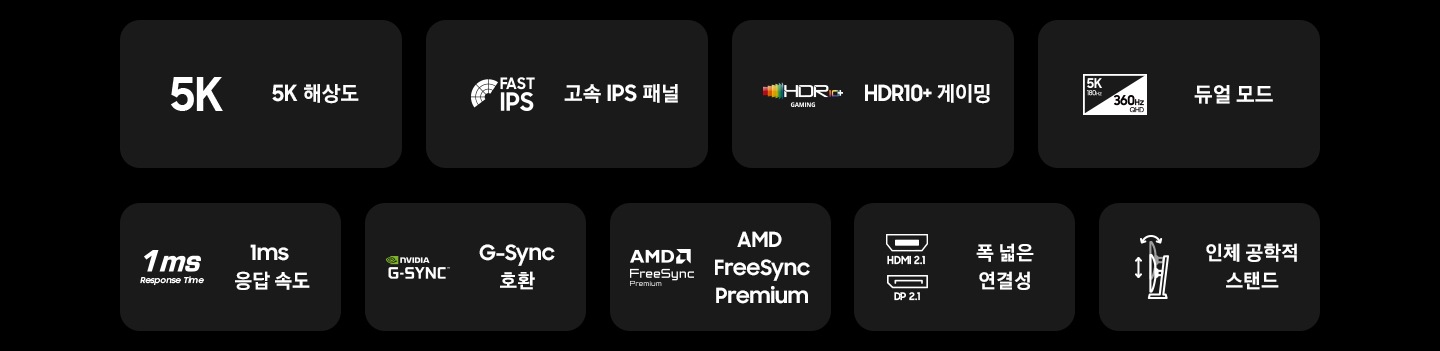 G80SH 오디세이 모니터의 특징을 보여줍니다 5K resolution, 고속 IPS 패널, HDR10+ 게이밍, 5K 180Hz, 360Hz QHD 듀얼모드, 1ms 응답속도, 지싱크 호환, AMD freesync premium,, 멀티플 커넥티비티, 인체공학적 스탠드.