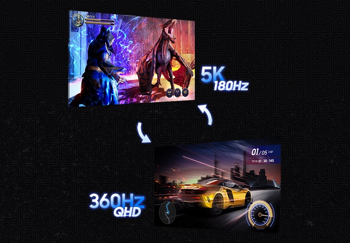 두 개의 화면으로 나누어 5K 180Hz, 360Hz QHD 듀얼모드를 나타냅니다.