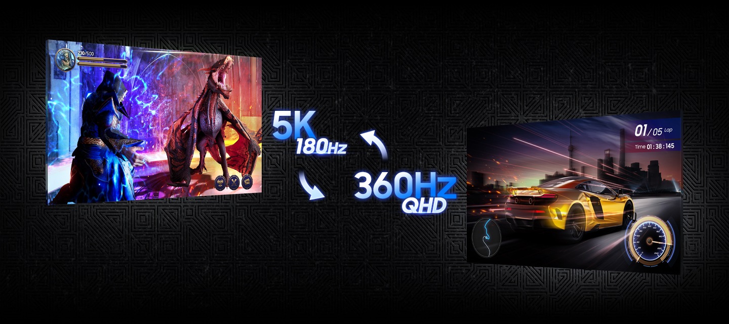 두 개의 화면으로 나누어 5K 180Hz, 360Hz QHD 듀얼모드를 나타냅니다.