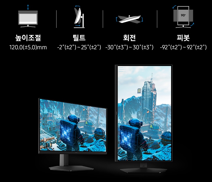 정면 모니터와 세로 피봇 형태의 모니터 두 개가 놓여있고 위엔 아이콘으로 높이조절, 틸트, 회전, 피봇 기능이 있음을 보여줍니다.